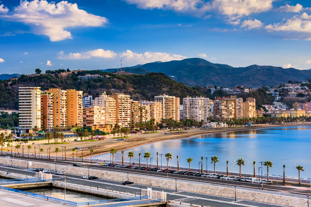 Malaga, Spain resort skyline at Malagueta Beach.